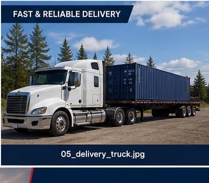 Container delivery truck transporting a shipping container